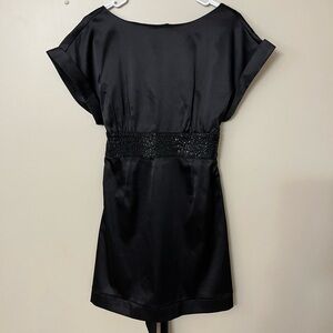 Elegant mini Black Satin Dress with Sequin Waist
